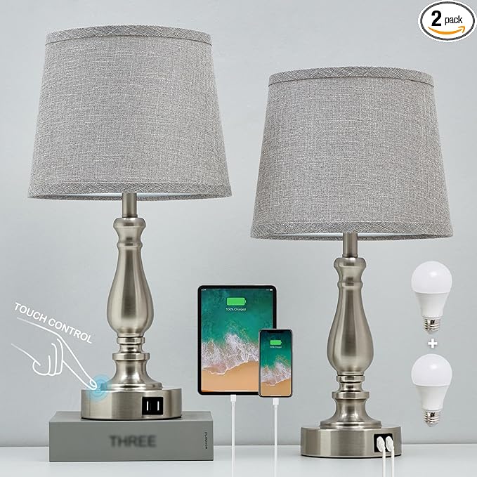 EJIAXIN Table Lamps for Bedroom Set of 2,Dimmable Touch Bedside Lamps with Dual USB A+C Ports - Nightstand Lamp for End Table Modern Night Stand Lamps for Living Room Guest Room