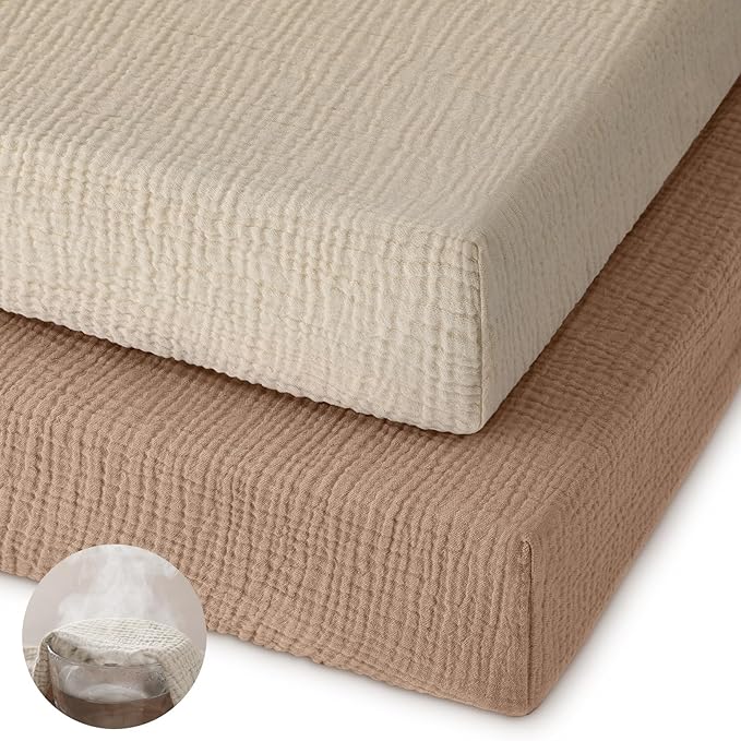 Muslin Pack and Play Sheets Fitted, 100% Cotton Mini Crib Sheets 2 Pack for Pack N Play Mattress, Stretchy Playard Sheet, Soft and Breathable Beige & Brown