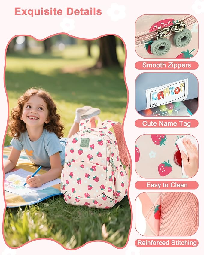 CAMTOP Toddler Backpack for Boys Girls 2-4, Kids Backpacks for Kindergarten Preschool, 12" H Small Bookbag for Daycare Travel (L - Pink Strawberry, 15"- Fit A4 Folder)