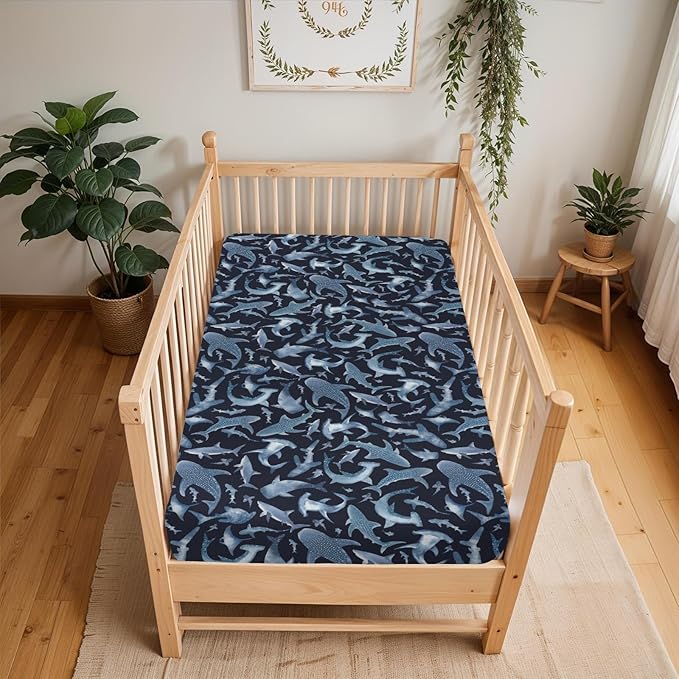 Blue Sharks Baby Crib Sheets for Boy Girl 52"x28" Sea Ocean Animal Soft Stretchy Fitted Crib Mattress Covers Nautical Shark Nursery Baby Sheet for Standard Crib and Toddler Bed Mattress