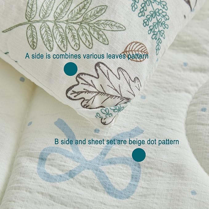 JHXHMX 4 Pieces Toddler Bedding Set for Girls,Leaves Pattern Toddler Comforter Set,Soft Crib Bed Set Including Comforter,Sheets and Pillowcase-Leaf