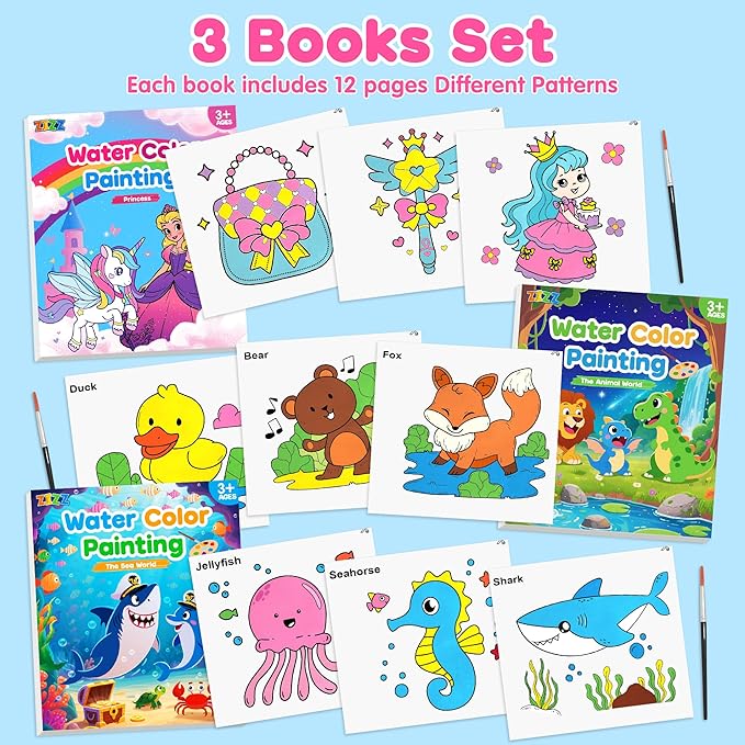 ZIZZ Paint with Water Coloring Books for Toddlers, 3 Pack Watercolor Painting Set for Kids Ages 3-5 4-8, No-Mess Drawing Activity Kit Art Craft Toy Birthday Gifts for Girl Boy | Princess, Forest & Sea