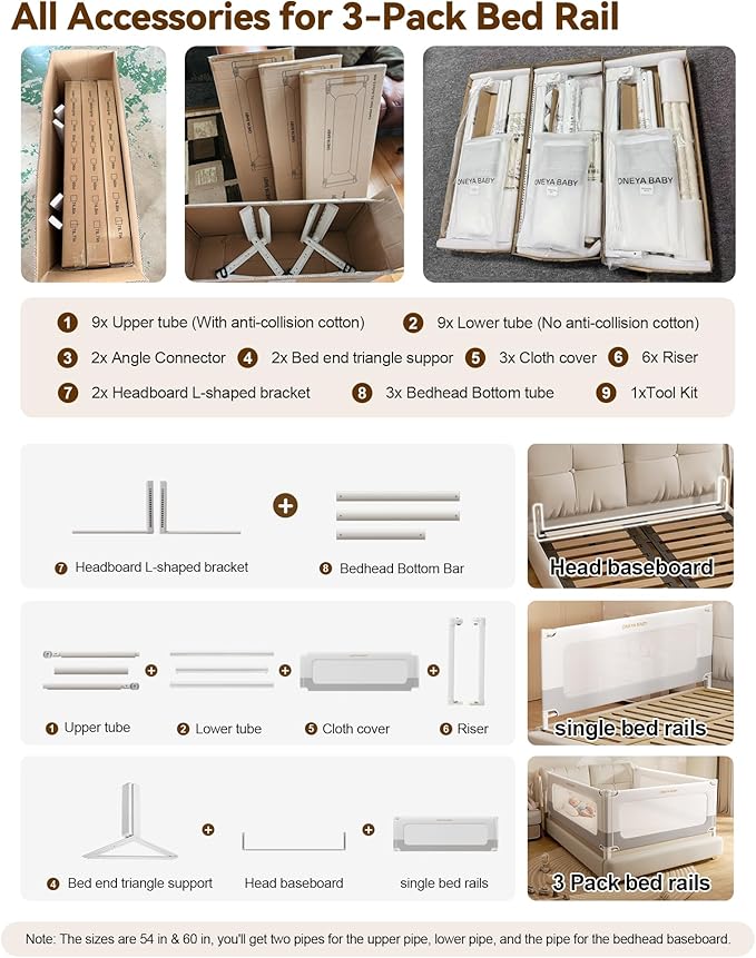 3 Piece Full Size Bed Rails for Toddlers, No-drill Needed Baby Bed Rail Guard with Height Adjustable, Thickened & Reinforced Child Safety Side Railing Guards/Bedrail for Kids,White/Grey, 54x78.7x78.7”