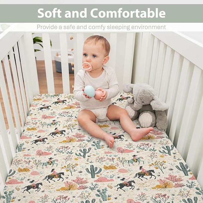 Western Cowgirl Cactus Baby Crib Sheets for Boy Girl 28"x52" Retro Cowgirl Horse Trees Leaves Soft Stretchy Fitted Crib Mattress Cover Wild West Baby Sheet for Standard Crib and Toddler Mattress