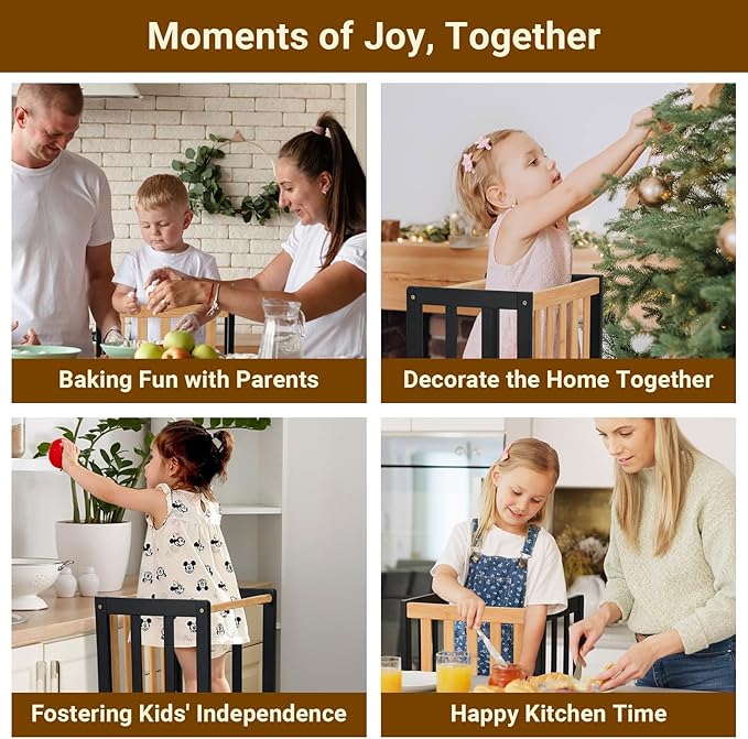 COSYLAND Kids Kitchen Step Stool Helper - Wooden Standing Tower for Kids with Anti-Tip Support Legs (Black & Natural)