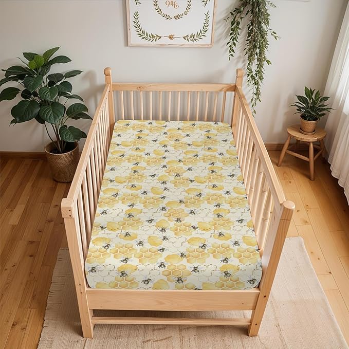 Honeycomb Bees Baby Crib Sheets for Boy Girl 52x28Inch Yellow Bee Honey Soft Stretchy Fitted Crib Mattress Covers Spring Summer Nursery Baby Sheets for Standard Crib and Toddler Bed Mattresses