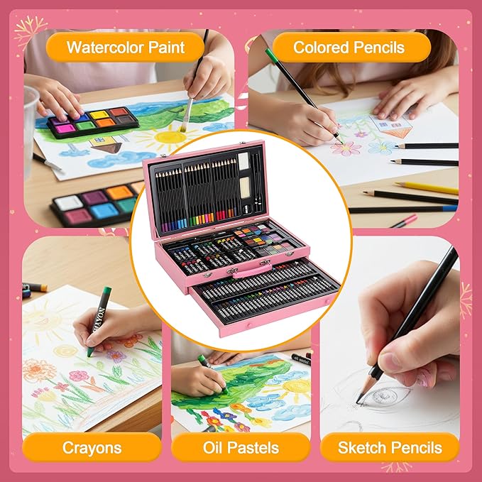 GOTIDEAL 143 Piece Deluxe Art Set with 3 Drawing Pads,Waterclolr Paints,Crayons,Colored Pencils,Paint Set in Wooden Case,Professional Art Kit Gift,Art Supplies for Kids,Adults,Teens,Beginners（Pink）
