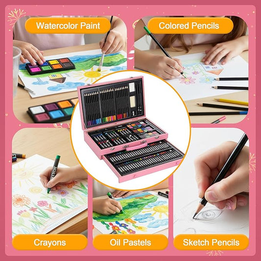 GOTIDEAL 143 Piece Deluxe Art Set with 3 Drawing Pads,Waterclolr Paints,Crayons,Colored Pencils,Paint Set in Wooden Case,Professional Art Kit Gift,Art Supplies for Kids,Adults,Teens,Beginners（Pink）