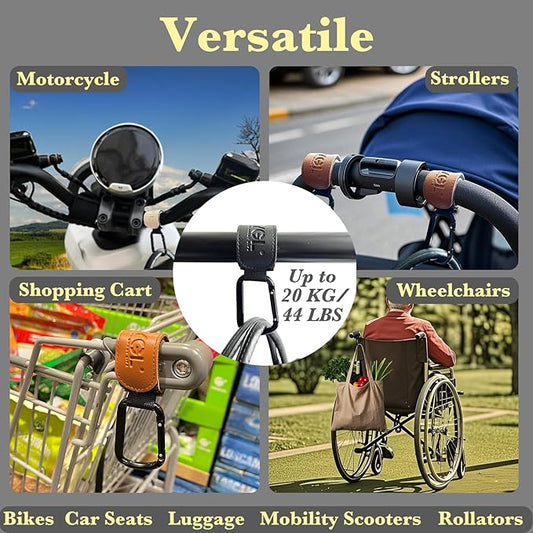 Stroller-Hooks - Adjustable Stroller Carabiner Clips, Universal Stroller Clips and Hooks for Parents and Travelers - Ideal Stroller Accessories for Shopping, Travel, and Baby Gear - Brown, 2 Pack