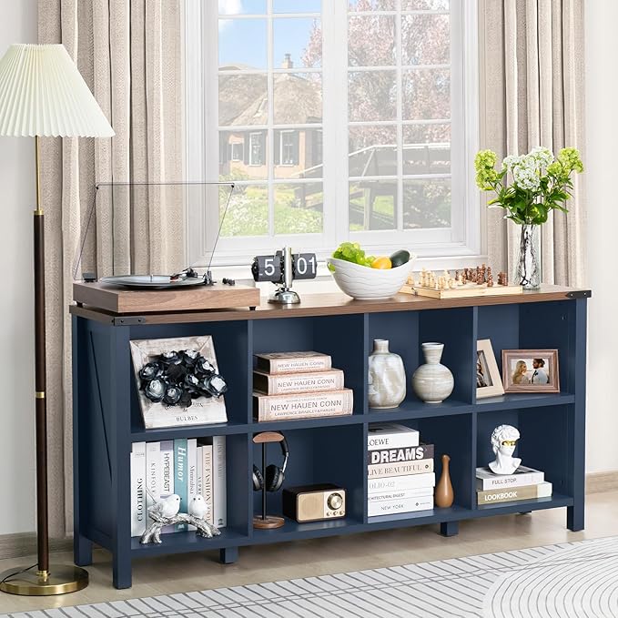 Joaxswe 8 Cube Book Shelf, Farmhouse Wood Long Storage Organizer Bookcase, 62" Horizontal Navy Blue Console Closet Bookshelf, Hallway TV Stand for Entryway, Display Cabinet Book Case for Living Room