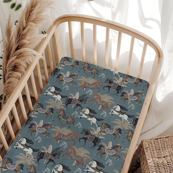 Vintage Horses Baby Crib Sheets for Boy Girl 52x28Inch Retro Arabian Horses Palm Trees Soft Stretchy Fitted Crib Mattress Covers Horse Lovers Baby Sheet Fits Crib and Toddler Bed Mattresses Blue