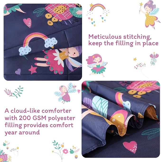 JSD Fairy Toddler Bedding Set, 4 Piece Bed-in-Bag Toddler Comforter and Sheet Set, Machine Washabale Comfortable