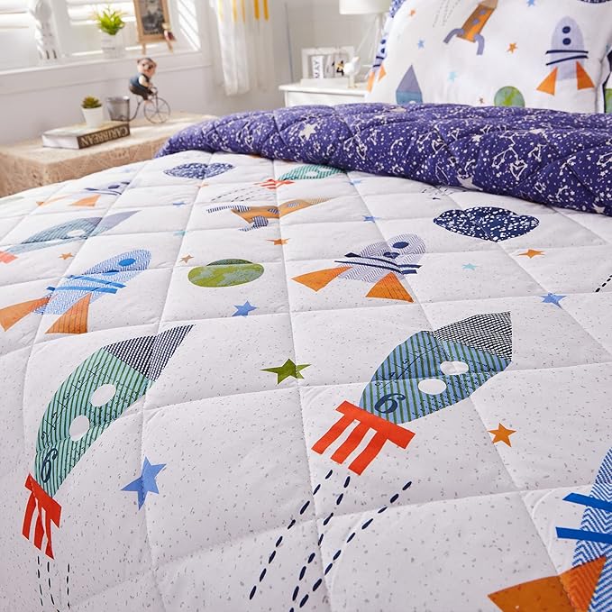 Brandream Kids Bedding Set Twin Size Space Boy Girl Cotton Comforter Set Space Rocket Galaxy Bedroom 3-Piece