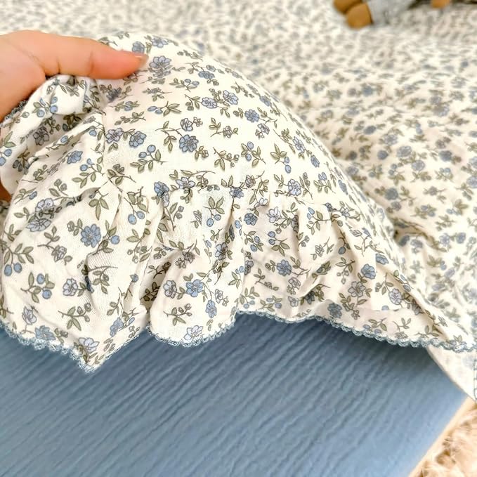 BuLuTu Blue Floral Toddler Kids Duvet Cover for Girls Boys 100% Cotton Muslin Quilt Cover for Toddler Bed Vintage Flower Design Duvet Cover with Ruffles, 47"x59", Pillow Case Not Included