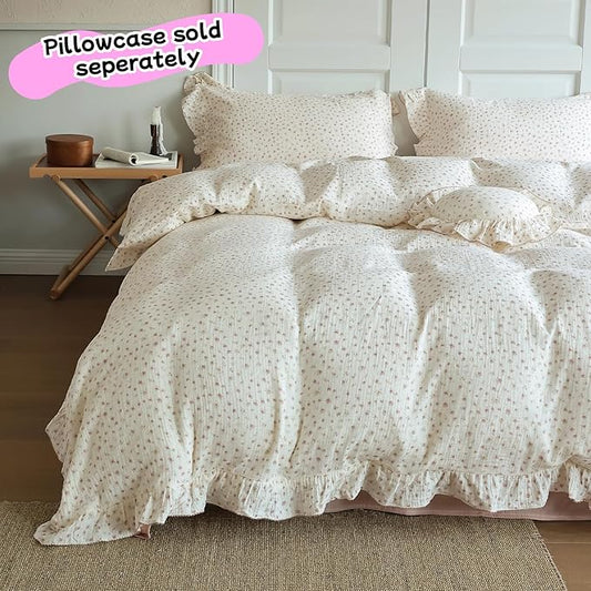 BuLuTu Chic Princess Duvet Cover Full for Teens Girls Pink Floral Comforter Cover 79"x90", Cotton Muslin Quilt Cover with Ruffles Vintage Cottage Bedding, Zipper Closure, No Pillow