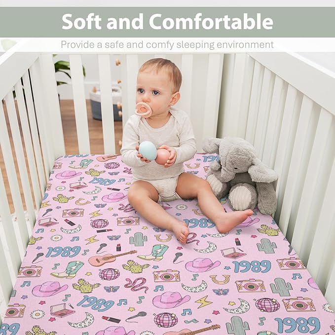 Cute Music Star Era Western Baby Crib Sheets for Boy Girl 52"x28" Desert Country Cactus Moon Soft Stretchy Fitted Crib Mattress Covers 90s Cowgirl Disco Baby Sheet for Crib and Toddler Bed Mattress