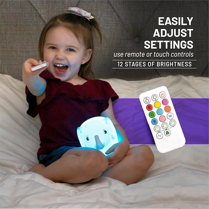 LumiPets Eggbert the Elephant Squishy Night Light for Kids | Silicone Nightlight with Tap, Remote Control | Rechargeable Color Changing Animal Light for Girls & Boys | Portable Mood Lamp With USB Cord