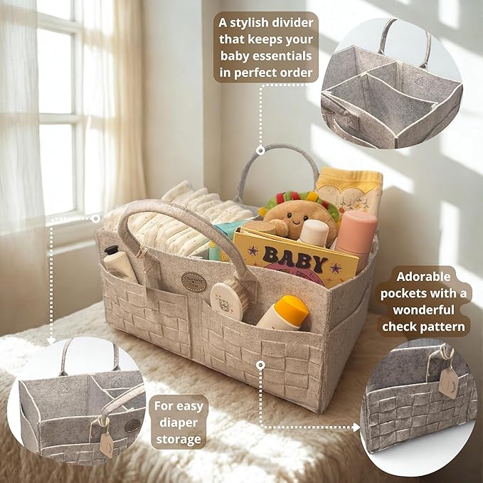 QGENUBA Baby Diaper Caddy Organizer for Nursery – Large Felt Storage Basket for Baby Essentials, Wipes & Diapers – Portable Nursery Organizer Bin for Changing Table or Living Room Light Grey