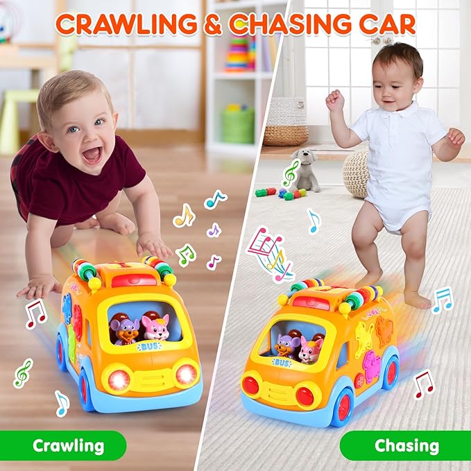 Toy Cars for 2 Year Old Boy Toys, Baby Boy Gifts, Musical Learning Crawling Toys for Toddlers 2-3, Educational Baby Bus with Animal Blocks, Christmas Birthday Gift for 2 3 4 Year Old Boys Girls Kids
