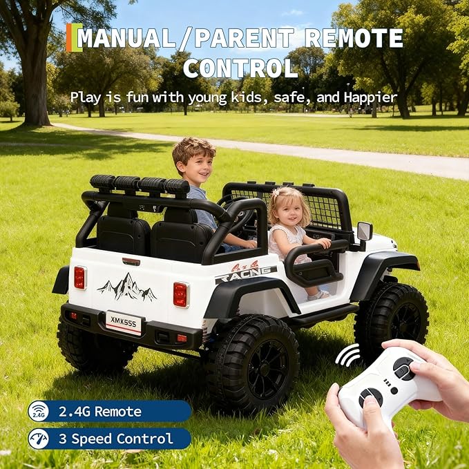 24V Ride on Car for Kids, 2 Seater Electric Truck with Parent Remote Control, Spring Suspension, 2 Speeds, LED Headlight & Music Player, Kids Electric Vehicle for Aged 3-8 Years, White