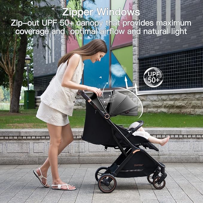Gravity Folding Baby Stroller - Portable Travel Toddler Stroller w/Adjustable Backrest, Canopy, Footmuff & Cup Holder, Lightweight and UV Protected, One-Hand Automatic Folding - Dark Gray
