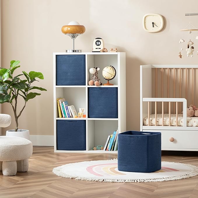 joybest 11inch Cube Storage Bins Set of 4, Cotton Rope Woven Organizer Basket for Shelves, Cube Bin Square Shelves Organizer Closet Storage, Nursery, Toy Organization, Navy Blue
