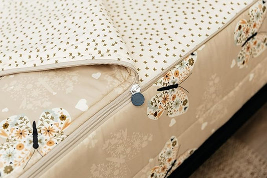Beddy's Butterfly Themed Durable Zipper Bedding for Kids, Bed in a Bag, Beige Sheets & Comforter with Butterflies, Hearts & Floral Design, Includes Pillowcase & Pillow Sham, Easy to Make & Wash