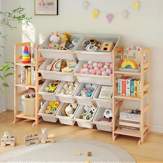 PTINFLUCE Wooden Toy Storage Organizer with 6 Shelves and 12 Bins, Toy Organizer Storage Kids Bookshelf, Toy Shelf for Playroom, Nursery, and Bedroom