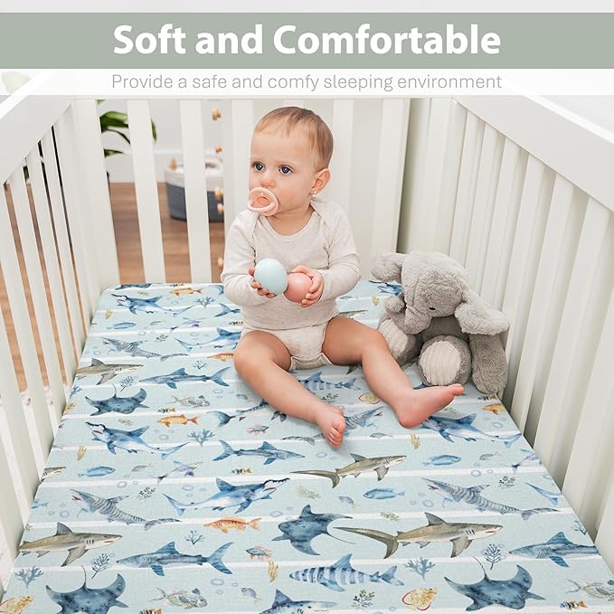 Blue Sharks Baby Crib Sheets for Boy Girl 28"x52" Sea Animals Shark Striped Corals Soft Snug Fitted Crib Mattress Covers Nautical Sharks Baby Sheet for Standard Crib and Toddler Bed Mattress