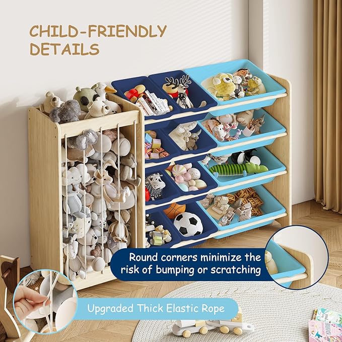 EXPERLAM Kids Toy Storage Organizer, 2-in-1 Stuffed Animal Storage & Toy Organizer w/12 Bins, Solid Wood Toy Rack Featuring Thicker Elastic Ropes, Playroom Nursery Bedroom Storage, Blue