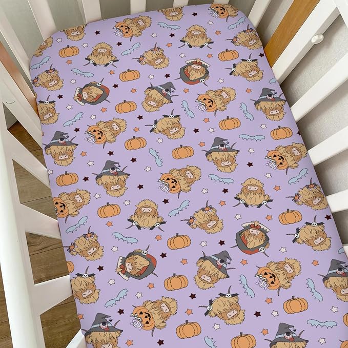 Highland Cow Halloween Baby Crib Sheets for Boy Girl Western Cowboy Fall Pumpkin Bats Soft Snug Fitted Crib Mattress Covers for 52''x28'' Standard Crib & Toddler Mattress Spooky Farm Animal Bed Sheet