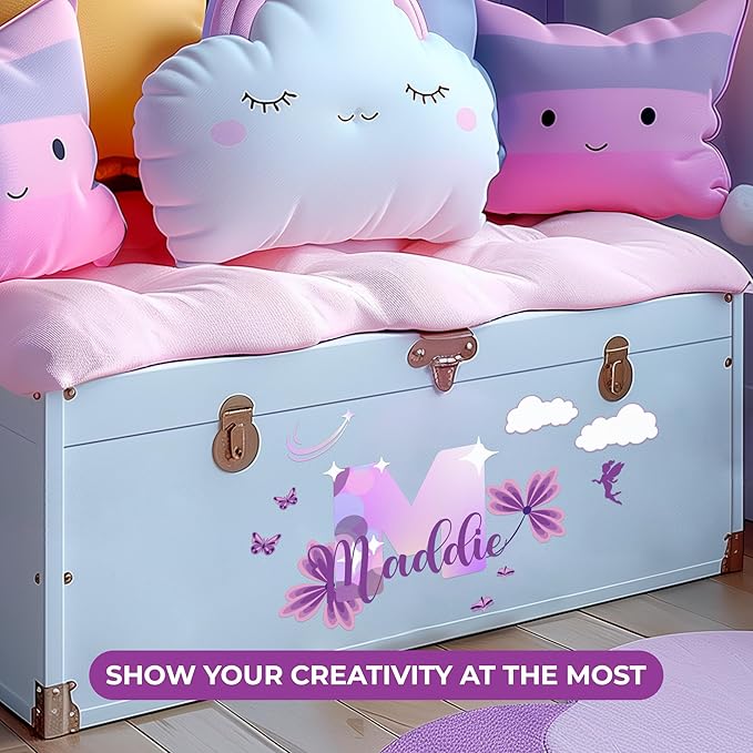 CRYPTONITE Custom Stickers Name & Initial Wall Decor with Purple Flower | Custom Decal for Baby Girl Nursery Decor (E. Floral)