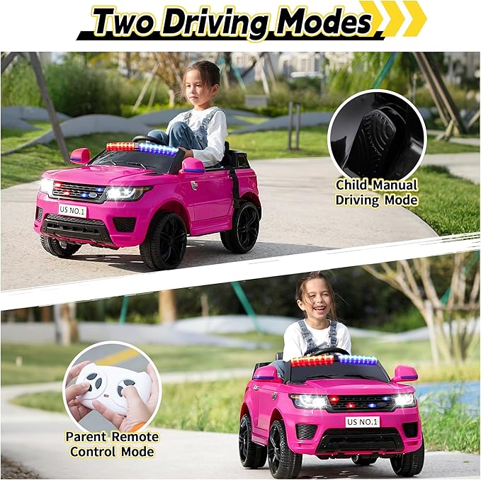 TOBBI Electric Cars for Kids Driving Remote Control Ride on Police Riding Car 4 Wheels Vehicles 12V Battery Cop Truck for Toddlers with Siren, Flashing Lights, Music, Pink