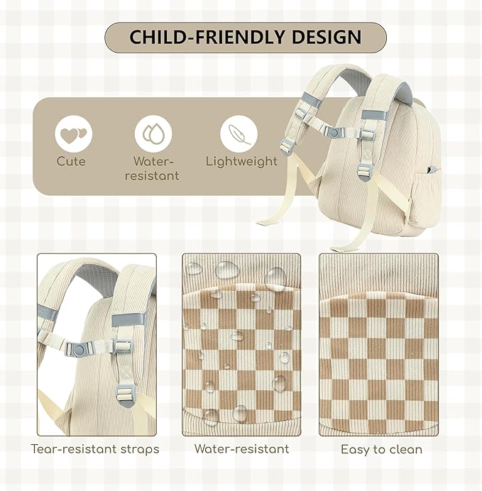 CAMTOP Toddler Backpack for Boys Girls 2-4, Kids Backpacks for Kindergarten Preschool, 12" H Small Bookbag for Daycare Travel (Beige, 12''- Not fit A4 folder)