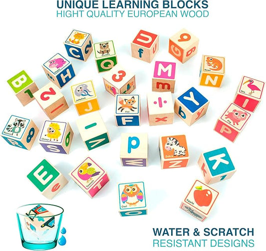 QUOKKA Wooden Blocks for Toddlers 1-3 - 26 ABC Learning Baby Blocks for Kids 3-5 Year Olds Stacking Alphabet Wood Toys for 2-4 yo - Educational with Letters Numbers - Updated Edition
