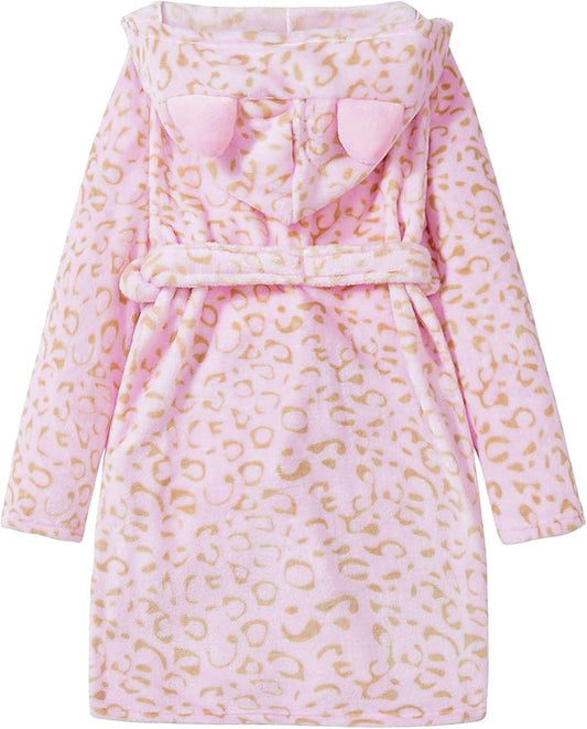 Topgal Leopard Cat Robe for Girls Fleece Toddler Kids Teen Hooded Bathrobe Size 4T-18