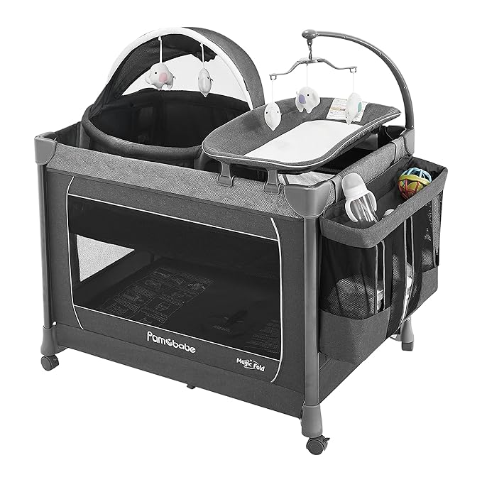 Pamo Babe 1 Step Setup 5-in-1 Playard for Babies - Portable Crib with Independent Bassinet & Changing Table