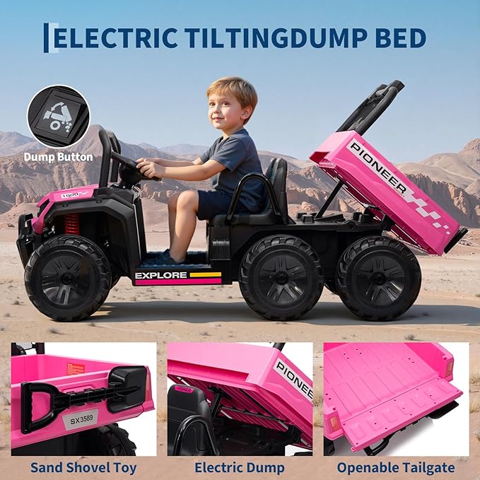 24V 4WD Electric Ride-on Dump Truck for Kids, 2-Seater with Parental Remote Control, 3 Speeds, All-Terrain Off-Road Toy Car for Boys Girls, Pink