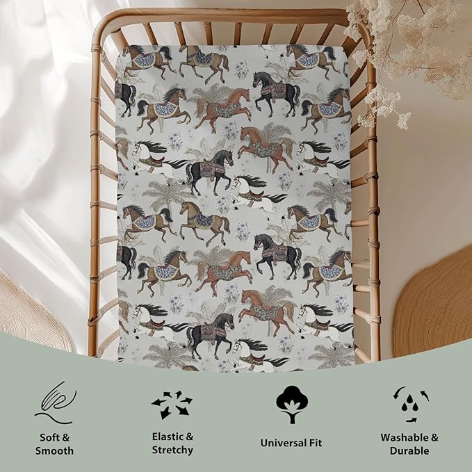 Vintage Horses Baby Crib Sheets for Boy Girl 52x28Inch Retro Arabian Horses Palm Trees Soft Stretchy Fitted Crib Mattress Covers Horse Lovers Baby Sheet Fits Crib and Toddler Bed Mattresses Gray