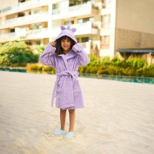 BAGNO MILANO Kids Organic Turkish Cotton Hooded Beach Cover-Up Towel, GOTS Certified, for Boys and Girls (Unicorn Purple, 3-4 Years)