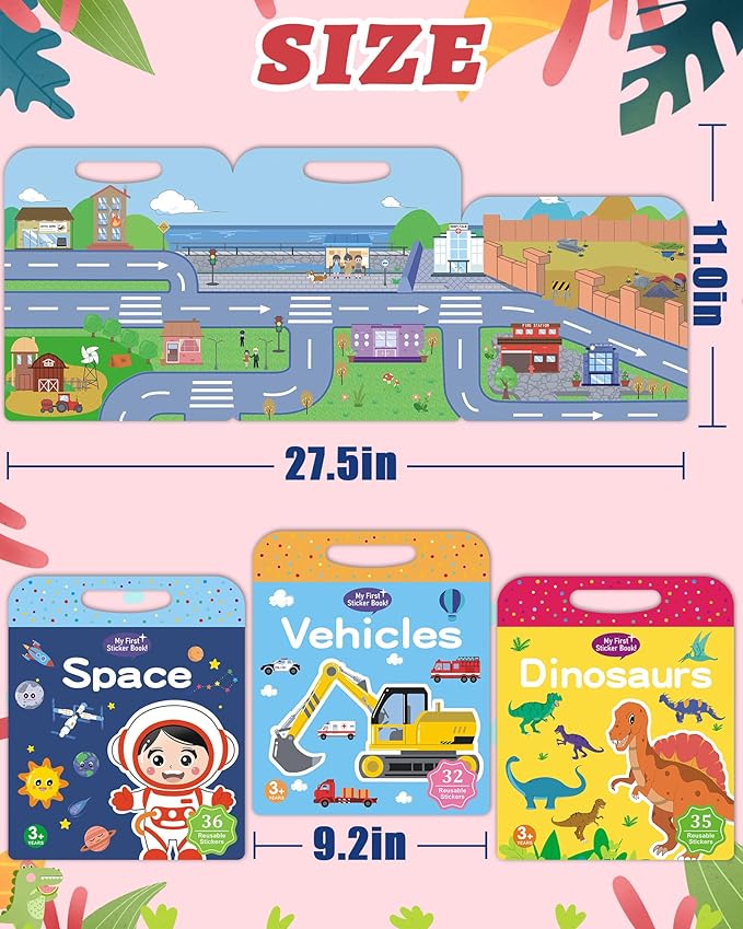 Benresive Reusable Sticker Books for Toddlers, 3 Sets Travel Stickers for Kids, Toddler Sticker Book, Crafts Activities for Toddlers, 3 and Up Birthday Gifts Travel Toys