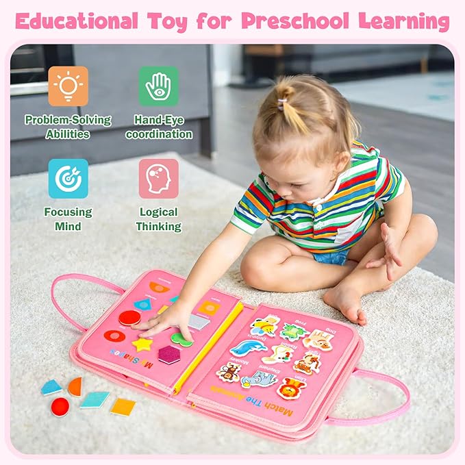 Busy Board Montessori Toys for 4 Years Old, Busy Books for Toddlers, Sensory Board Quiet Book Educational Activity Book for Toddlers 4-5, Toddler Travel Toys for Plane Car, Gifts for Boys Girls (Pink)
