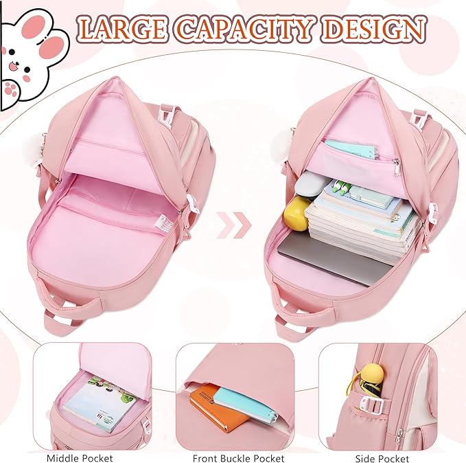 AO ALI VICTORY Backpack for Girls 3 PCS Cute School Backpacks Elementary Kids Book Bag with Lunch Box Pencil Case Set Laptop College Travel Back Pack Large Bookbags for Girl Teens Women Student Pink