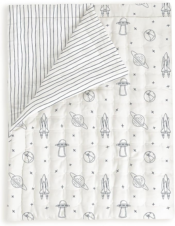 MakeMake Organics Organic Baby Blanket GOTS Certified Organic Comforter Cotton Infill Tufted - Reversible Ultra Soft Breathable (30"x40", Astronaut + Navy Stripes)