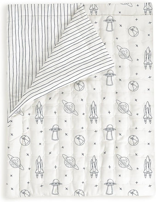 MakeMake Organics Organic Baby Blanket GOTS Certified Organic Comforter Cotton Infill Tufted - Reversible Ultra Soft Breathable (30"x40", Astronaut + Navy Stripes)