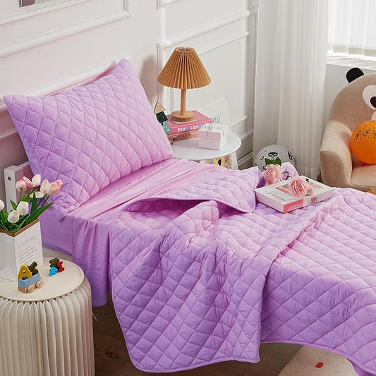 Wowelife Toddler Bedding Set, 4 Piece Toddler Bedding Soft and Breathable Crib Bedding Set, Includes Quilted Comforter, Flat Top Sheet, Fitted Sheet, Envelope Pillow Case for Boys and Girls, Purple