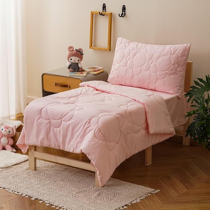 CLOTHKNOW 4 Pieces Pink Toddler Bedding Sets for Grils, Daisy Puff Pattern, Soft Crib Bed Set Including Comforter, Flat Sheet, Fitted Sheet and Pillowcase