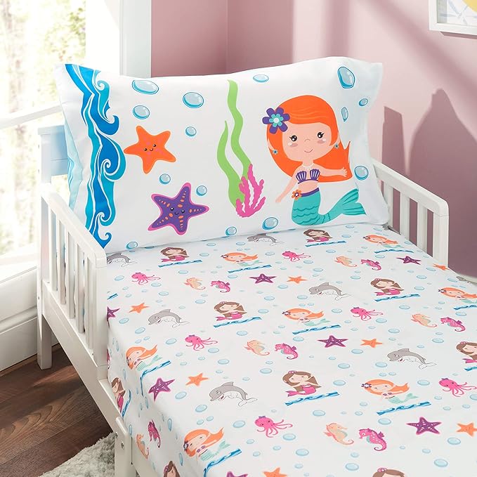 EVERYDAY KIDS 4 Piece Toddler Bedding Set -Undersea Mermaids Adventure- Includes Comforter, Flat Sheet, Fitted Sheet and Reversible Pillowcase
