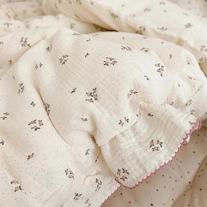 BuLuTu Chic Shabby Vintage Floral Duvet Cover Twin for Kids Girls Boys 100% Cotton Muslin Ruffled Quilt Cover Twin, 68"x86", Primrose Print, Soft Breathable, Zipper Closure, No Pillowcase