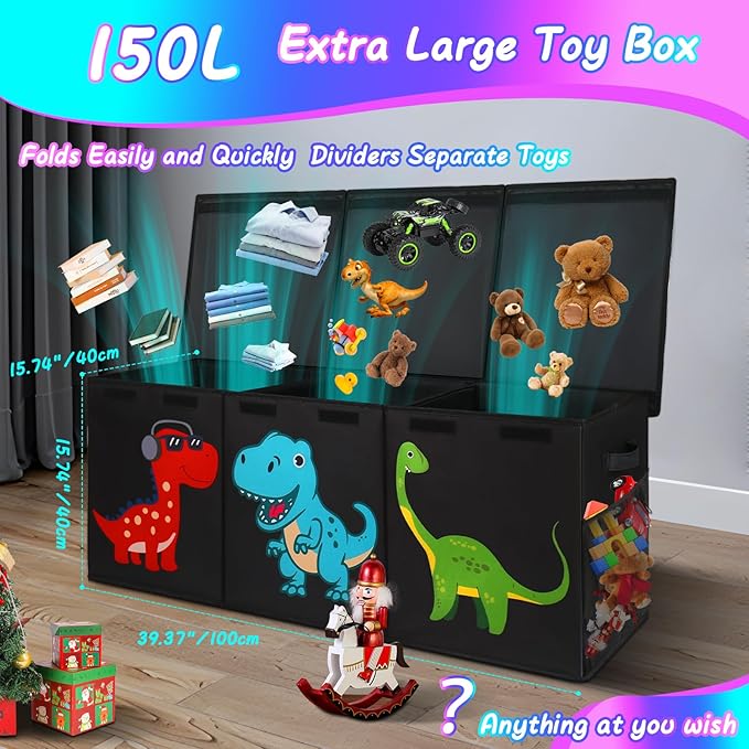 Mabahoo Extra Large Toy Box Chest, Collapsible Storage Organizer with Lids, Sturdy Dinosaur Toybox for Boys Girls, 40"x16"x16" Kids Storage Bin Box Baskets for Living Room, Playroom, Bedroom, Nursery